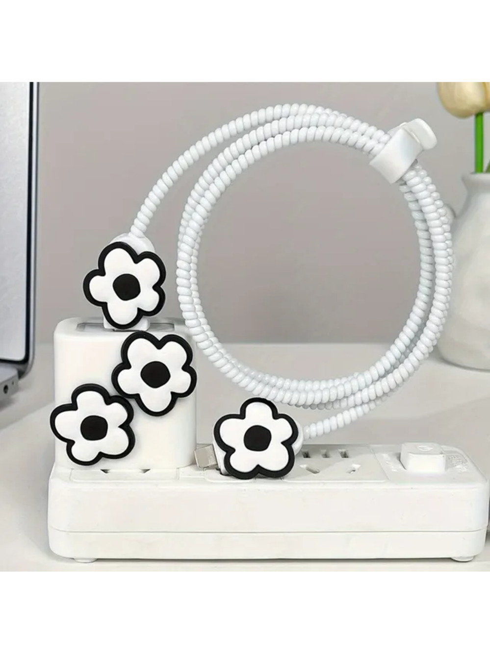 Black White Flowers iPhone Charger Cover Cable Protector P59